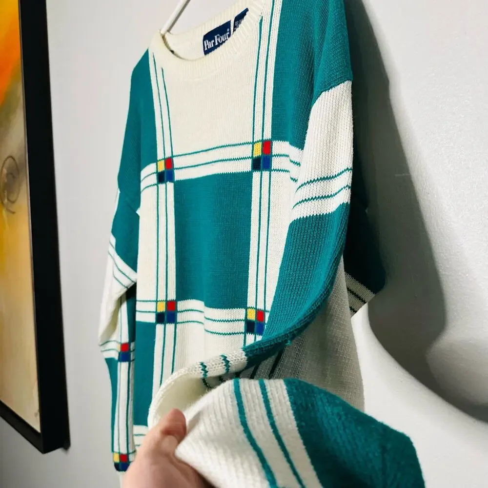 Vintage Par Four Green White Crewneck Oversized Sweater Golf Themed Size L